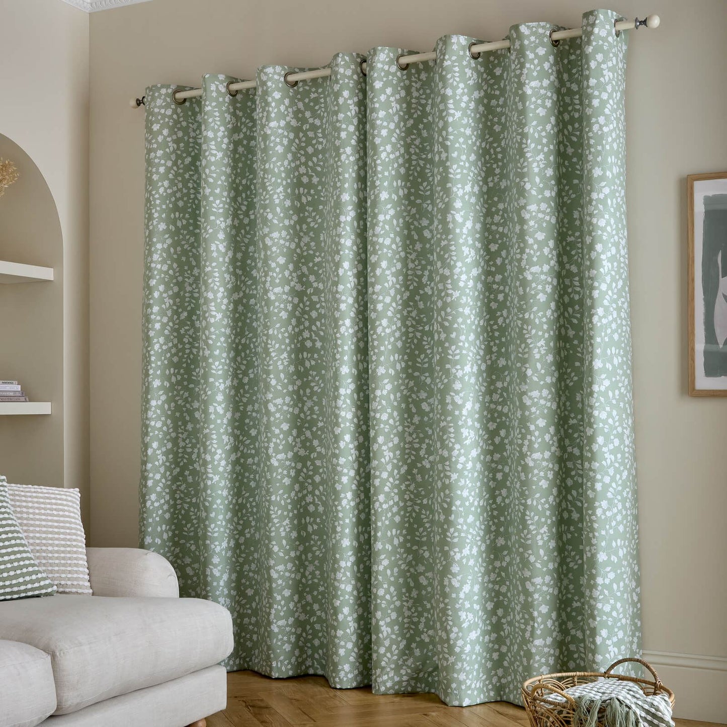 Catherine Lansfield Arla Floral Lined Eyelet Curtains Two Panels Green