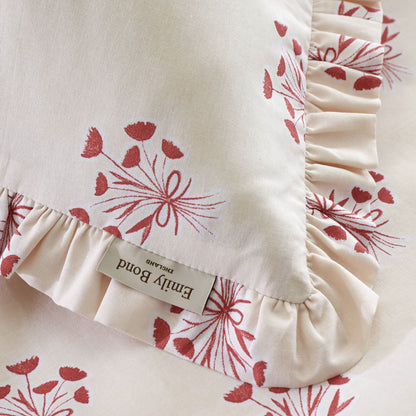 Emily Bond Hand Gathered Posy Reversible Cotton Bedding Duvet Cover Set Cream / Red