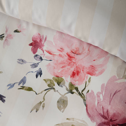 Catherine Lansfield Floral Striped Reversible Bedding Duvet Cover Set Cream