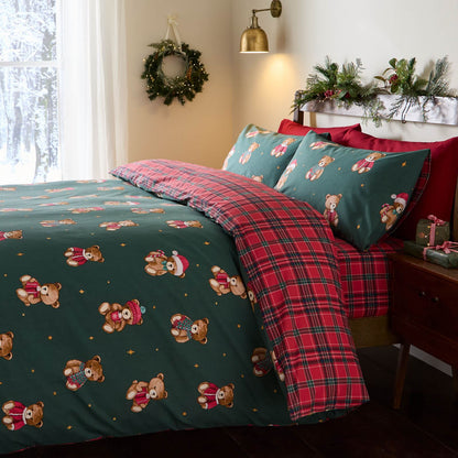 Catherine Lansfield Christmas Tartan Teddy Bear Reversible Bedding Duvet Cover Set Green