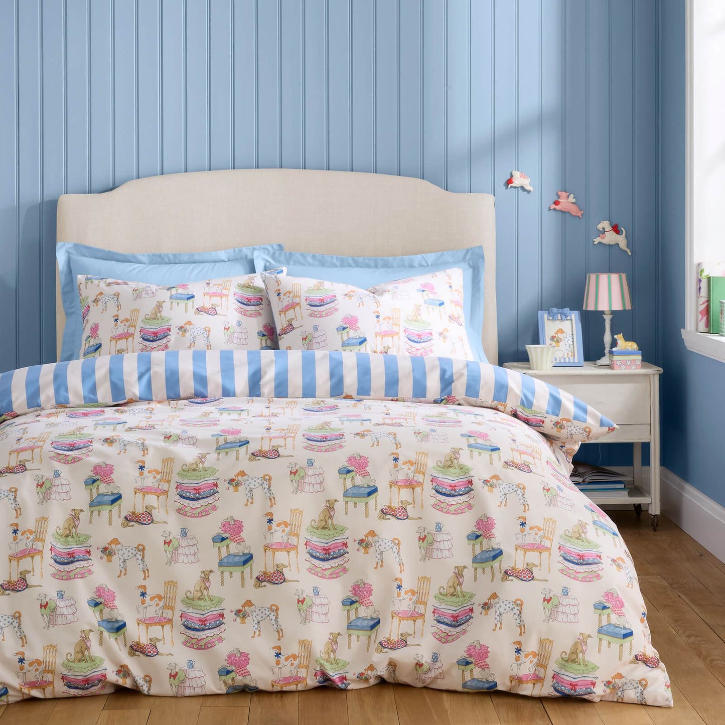Cath Kidston Hackney Dogs Printed Reversible Bedding Duvet Cover Set Blue