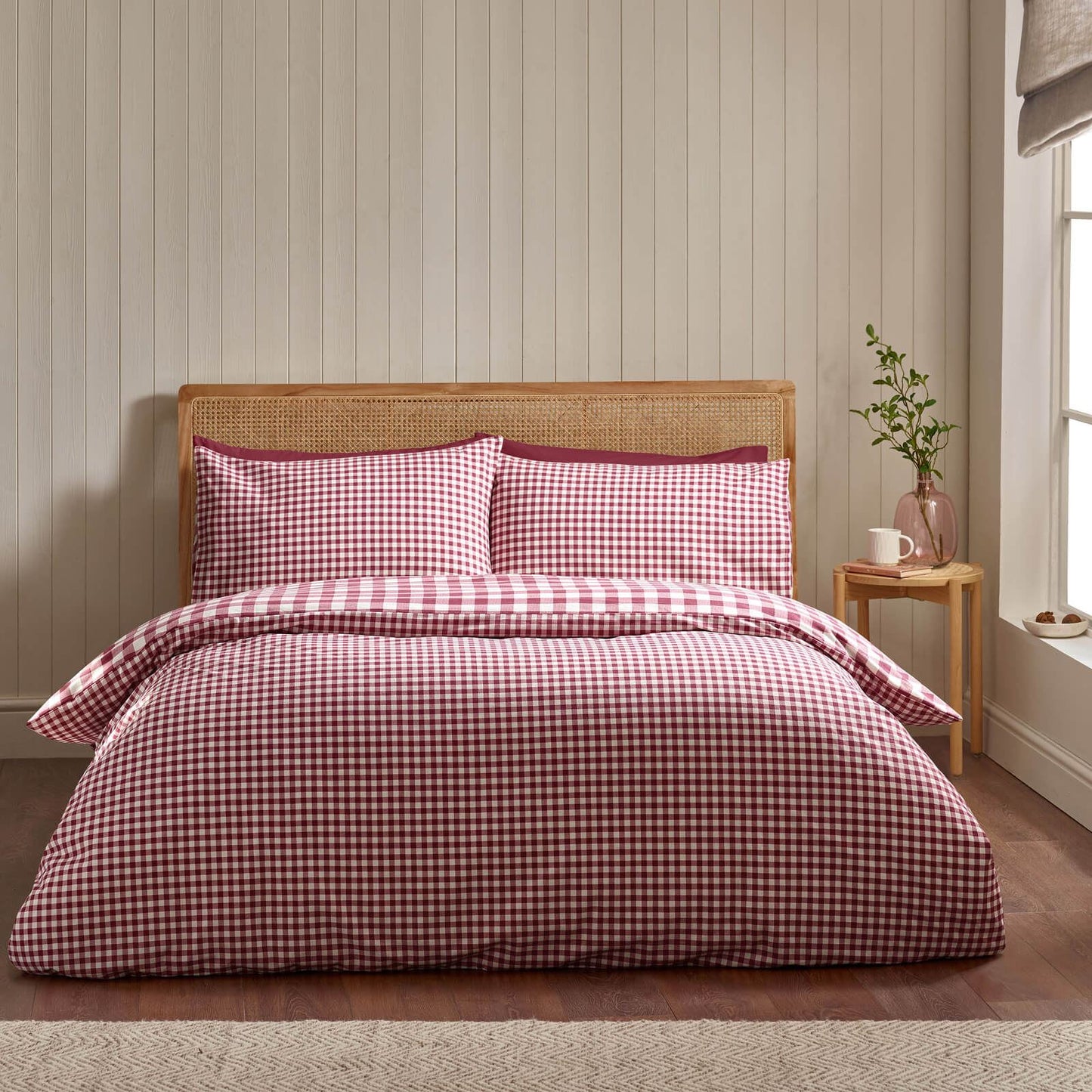 Catherine Lansfield Gingham Checked Cotton Bedding Duvet Cover Set Burgundy