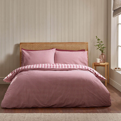 Catherine Lansfield Gingham Checked Cotton Bedding Duvet Cover Set Burgundy