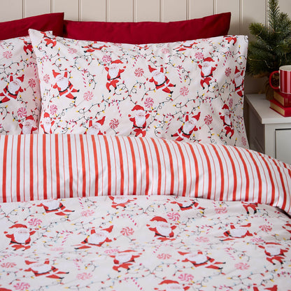 Catherine Lansfield Christmas Santas Printed Reversible Cotton Bedding Duvet Cover Set Red