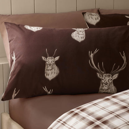 Catherine Lansfield Stag Checked Reversible Bedding Duvet Cover Set Chocolate
