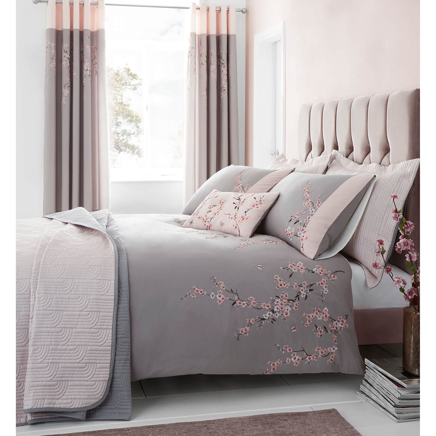 Embroidered Blossom Grey Duvet Set