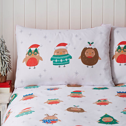 Christmas Party Robins White Duvet Cover Set