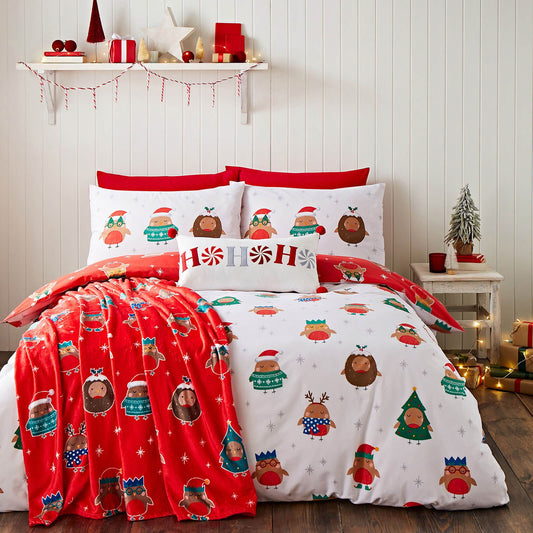 Christmas Party Robins White Duvet Cover Set