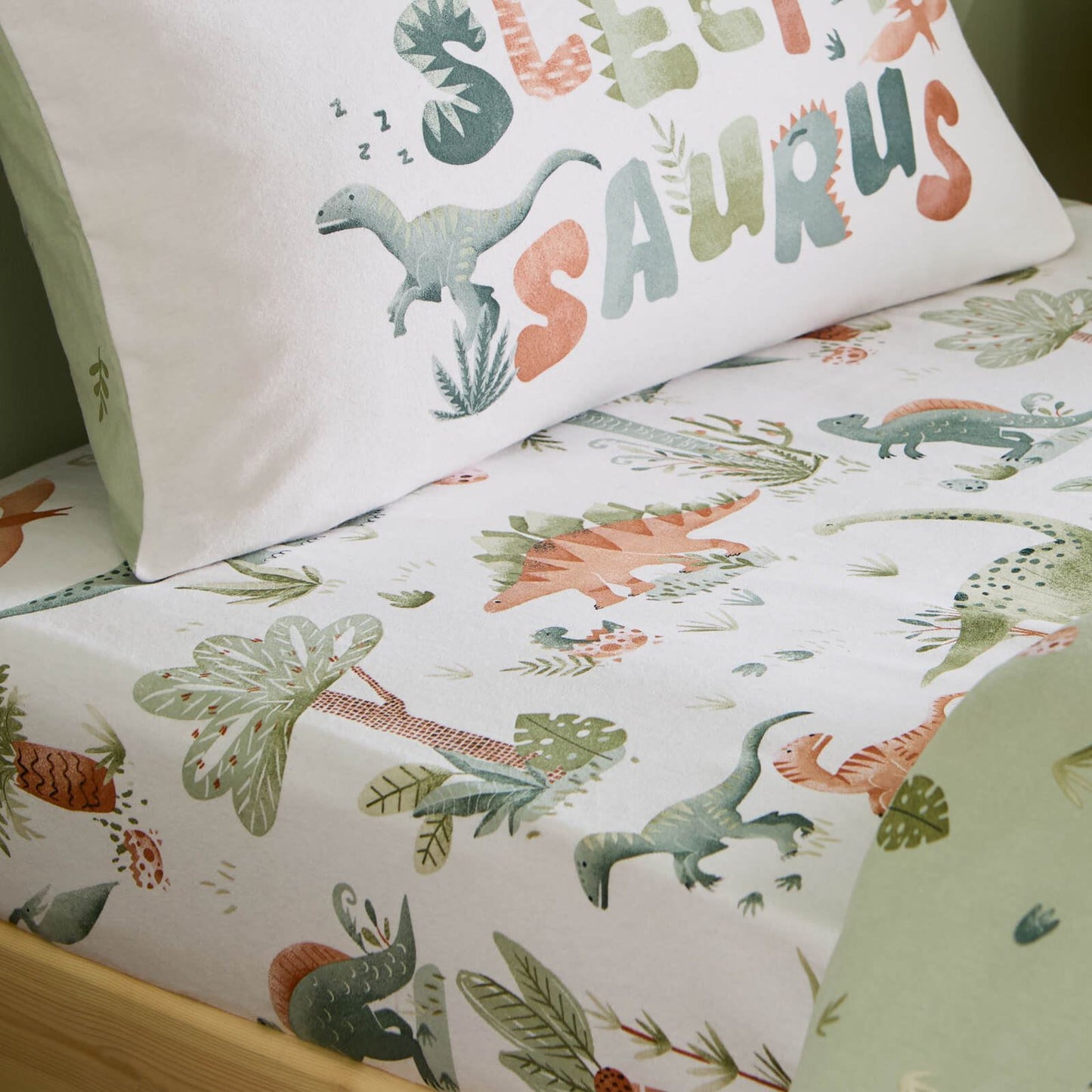 Catherine Lansfield Sleepy Saurus Dino Bed Linen Cotton Fitted Sheet Cream