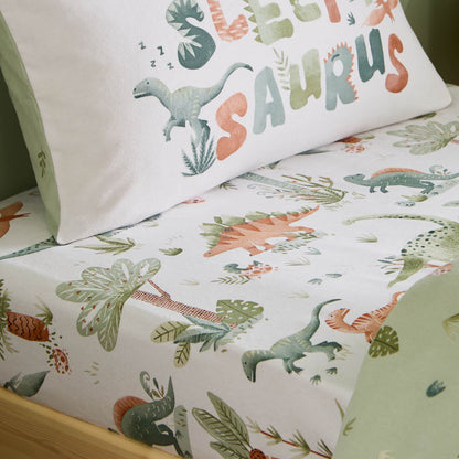 Catherine Lansfield Sleepy Saurus Dino Bed Linen Cotton Fitted Sheet Cream