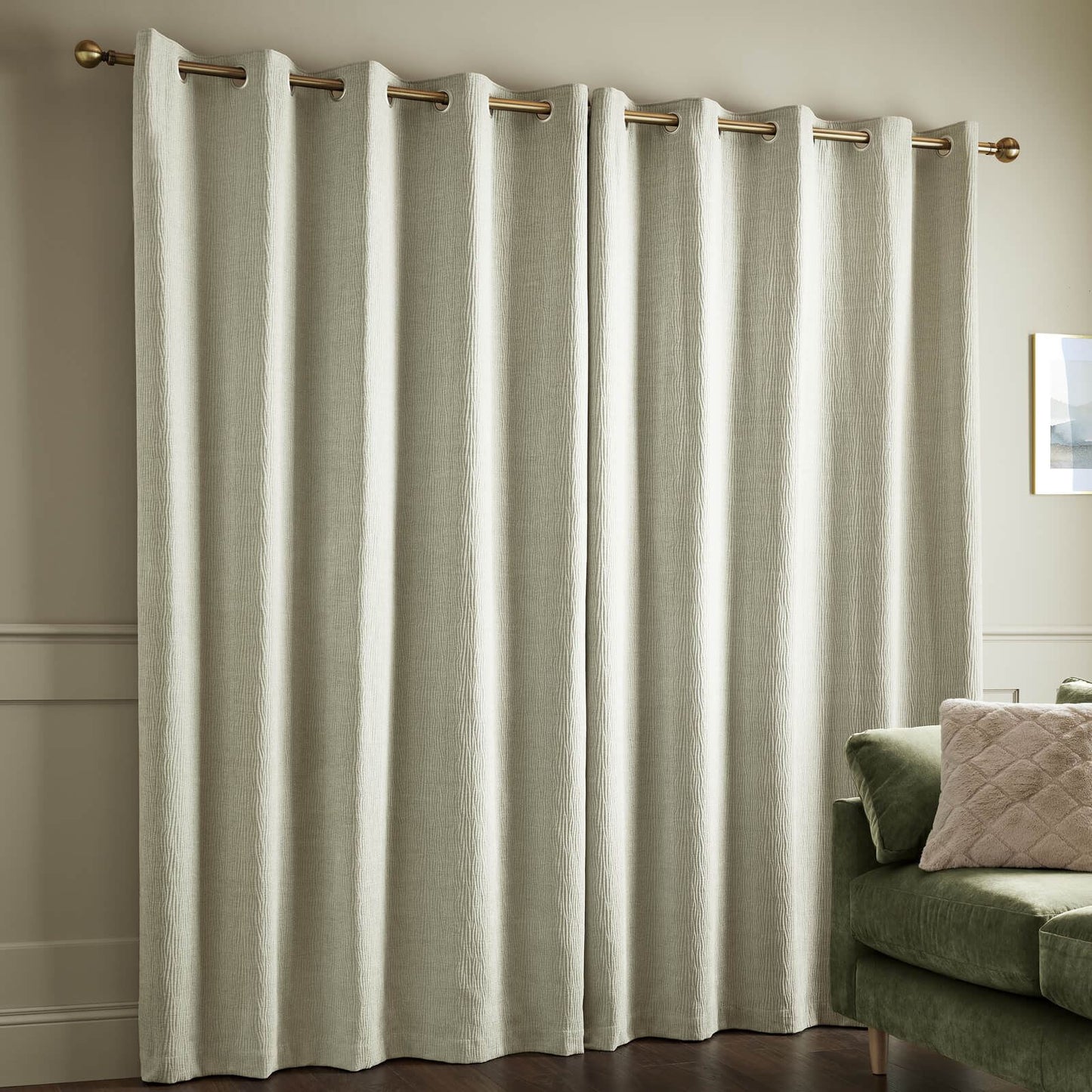 Catherine Lansfield Crinkle Chenille Lined Eyelet Curtains Two Panels Natural