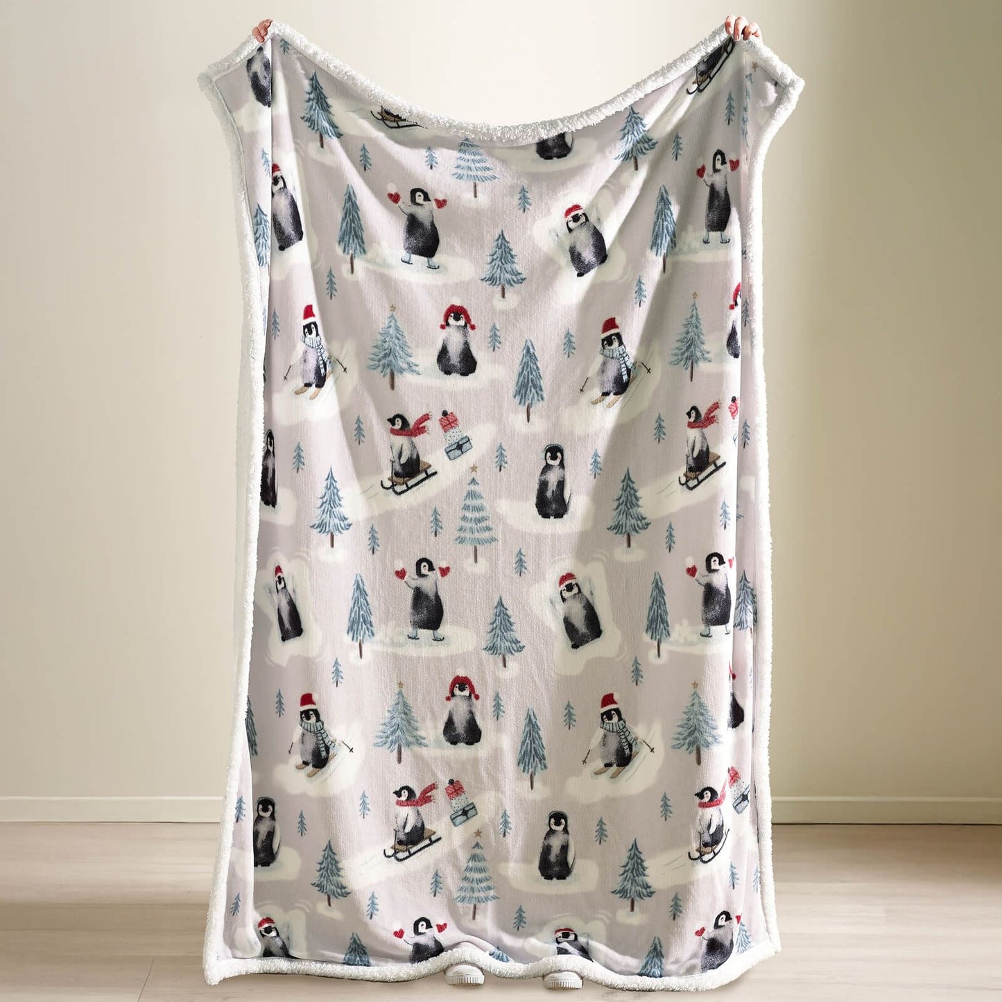 Catherine Lansfield Christmas Sherpa Penguins Cosy Blanket Throw Natural - 130x170cm