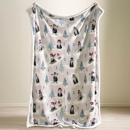 Catherine Lansfield Christmas Sherpa Penguins Cosy Blanket Throw Natural - 130x170cm