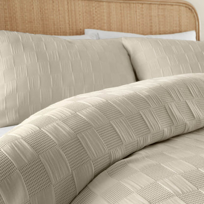 Waffle Checkerboard Natural Duvet Cover Set