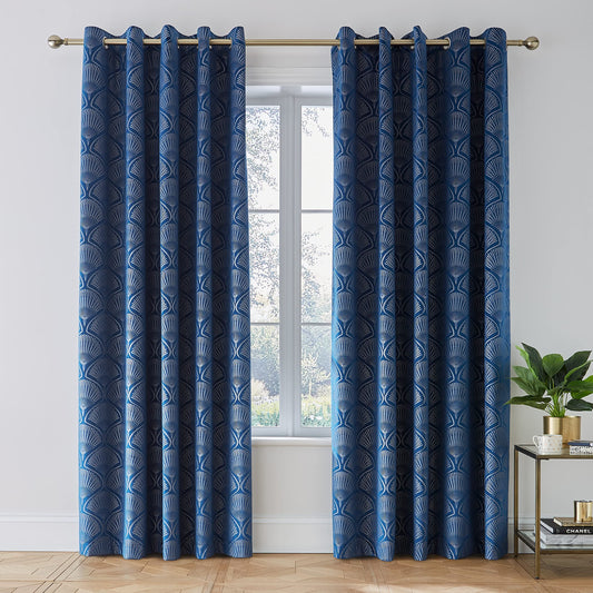 Art Deco Pearl Navy Blue Eyelet Curtains