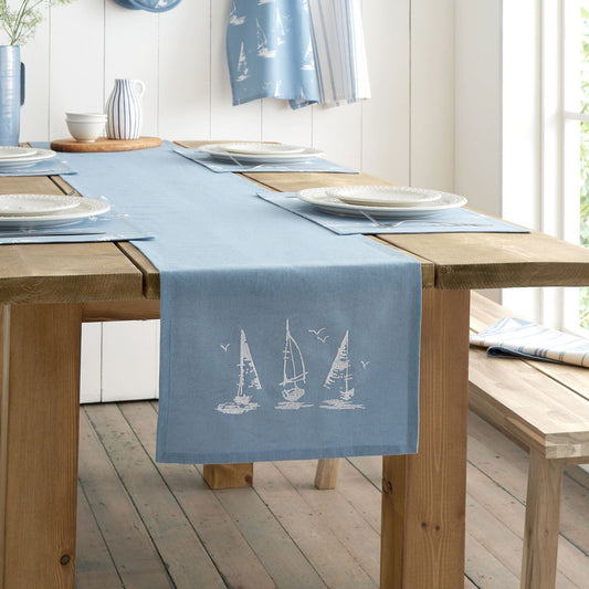 Catherine Lansfield Salcombe Boats Blue Table Runner - 32x220cm