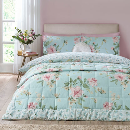 Catherine Lansfield Avebury Floral Duck Egg Blue Bedspread - 220x230cm