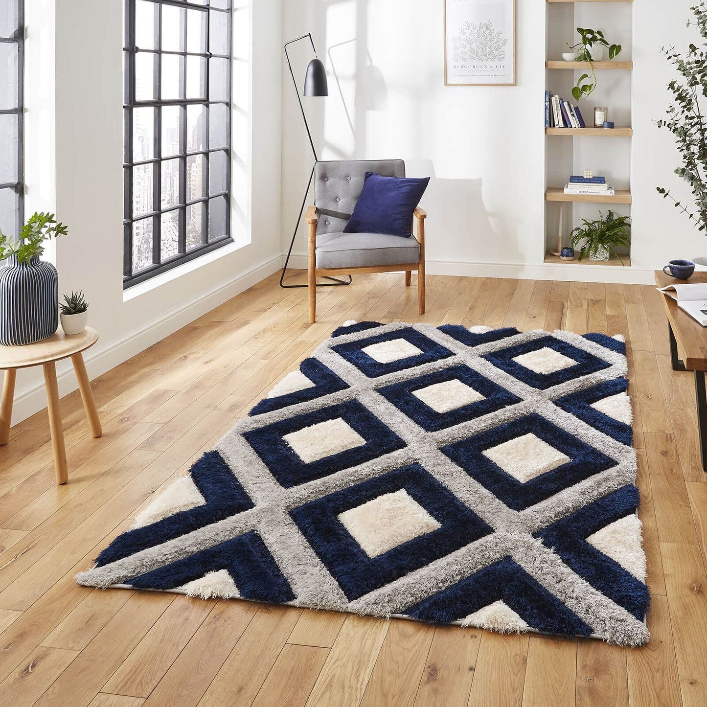 Olympia GR224 Grey/Navy Shaggy Rug