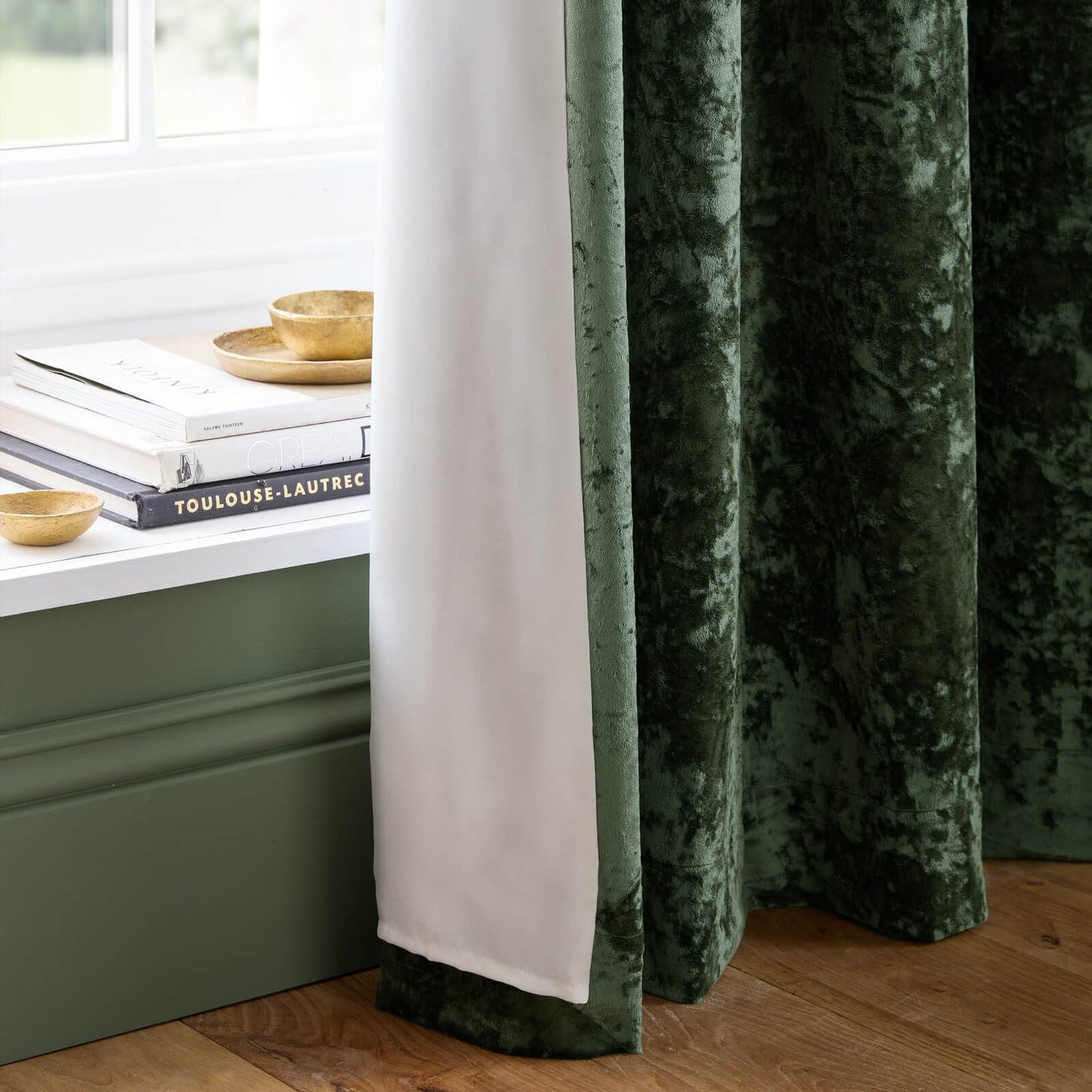 Catherine Lansfield Crushed Velvet Lined Eyelet Curtains Two Panels Olive Green