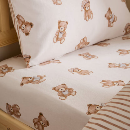 Catherine Lansfield Teddy Bear Printed Bed Linen Cotton Fitted Sheet Cream