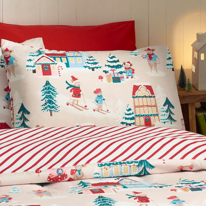 Catherine Lansfield Christmas Mouse Town Reversible Cotton Bedding Duvet Cover Set Natural