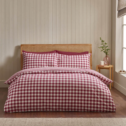 Catherine Lansfield Gingham Checked Cotton Bedding Duvet Cover Set Burgundy