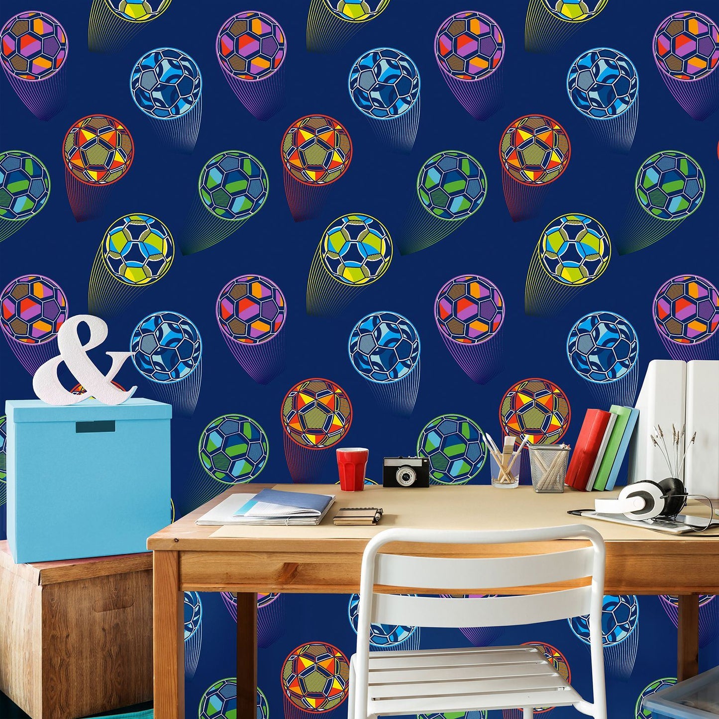Catherine Lansfield Bright Football Navy Blue Wallpaper - 105x53cm
