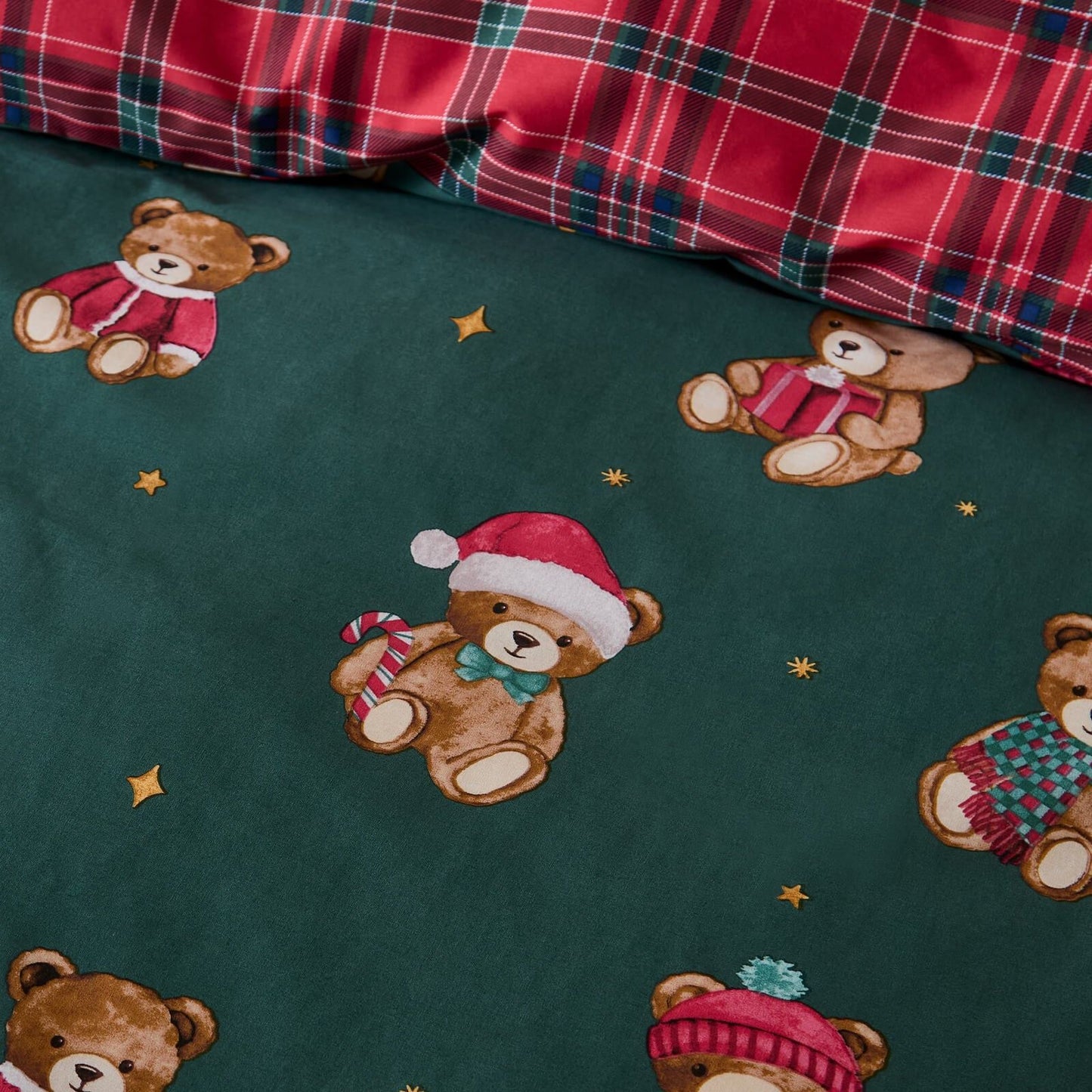 Catherine Lansfield Christmas Tartan Teddy Bear Reversible Bedding Duvet Cover Set Green
