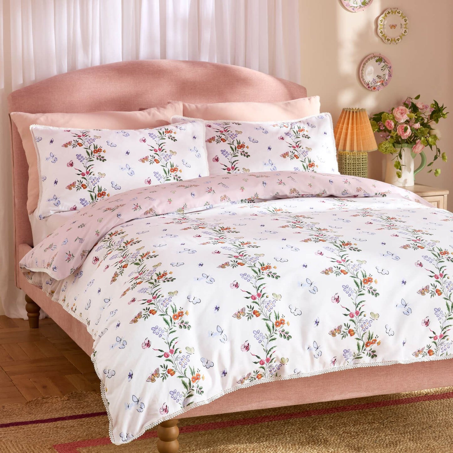 Cath Kidston Flutter Floral Reversible Cotton Bedding Duvet Cover Set Pink