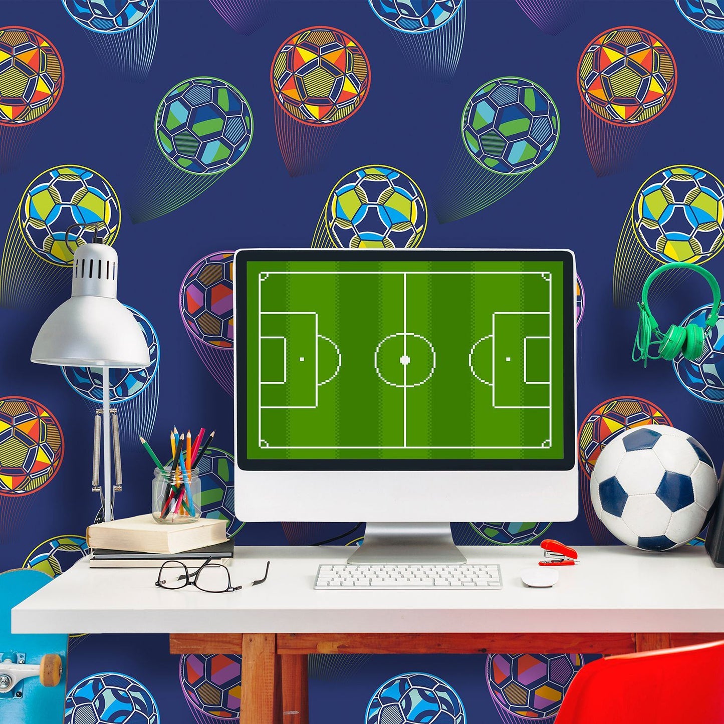 Catherine Lansfield Bright Football Navy Blue Wallpaper - 105x53cm