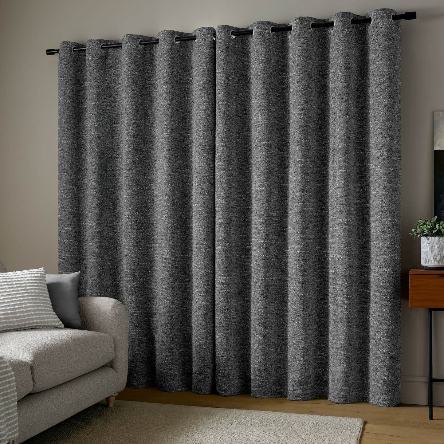 Catherine Lansfield Chunky Boucle Lined Eyelet Curtains Two Panels Charcoal Grey