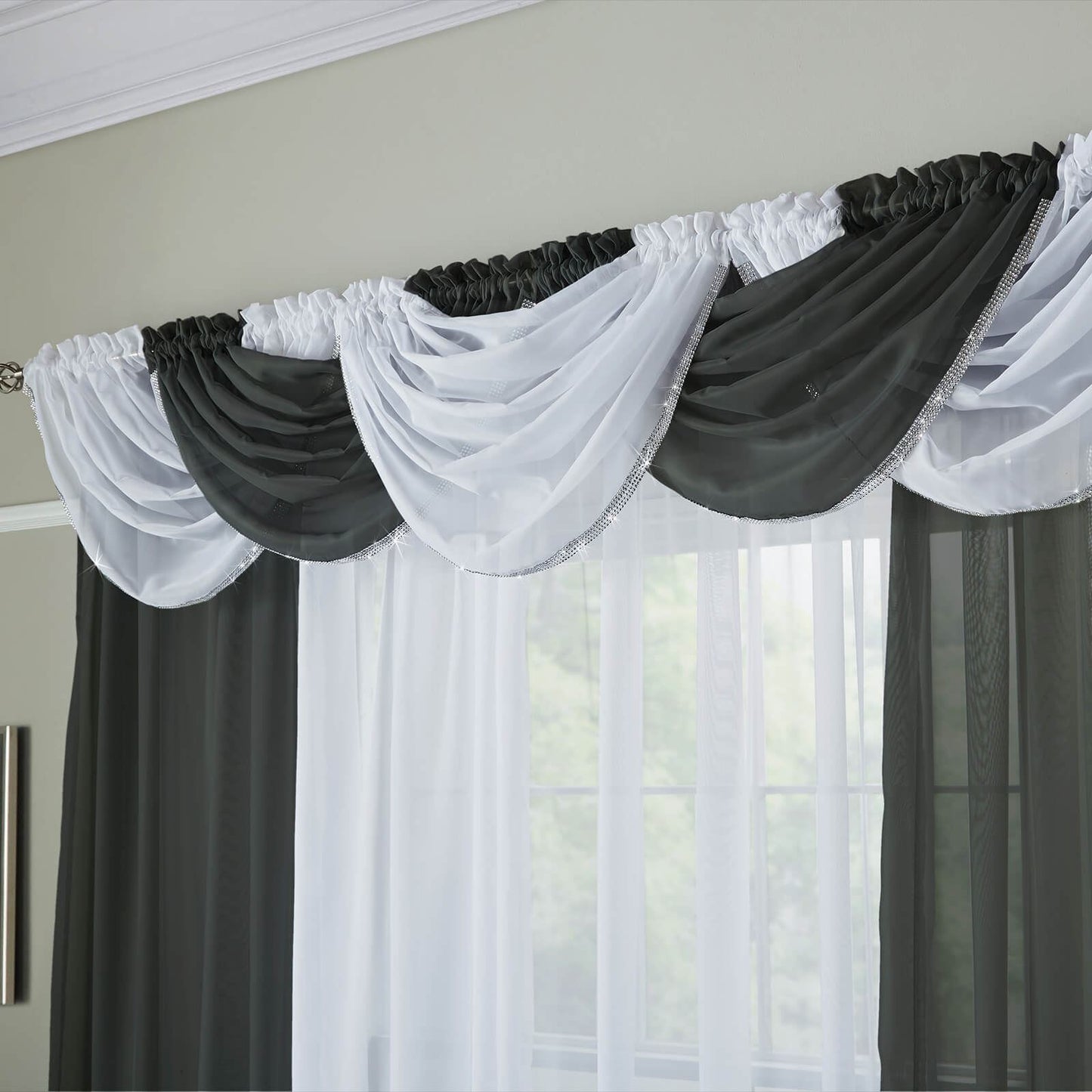 Glitter Trim Black Curtain Swag