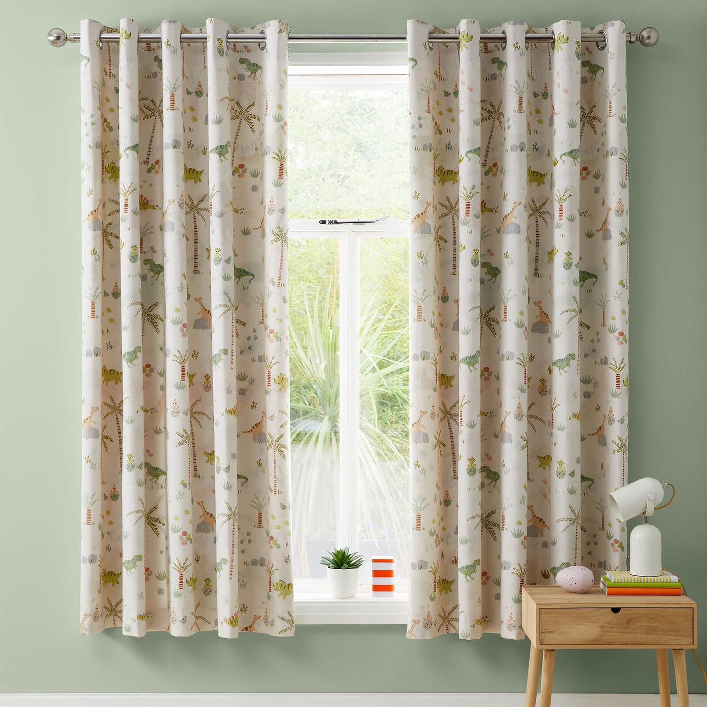 Sleepy Dino Fully Reversible 66x72 Inch Eyelet Curtains Two Panel Green