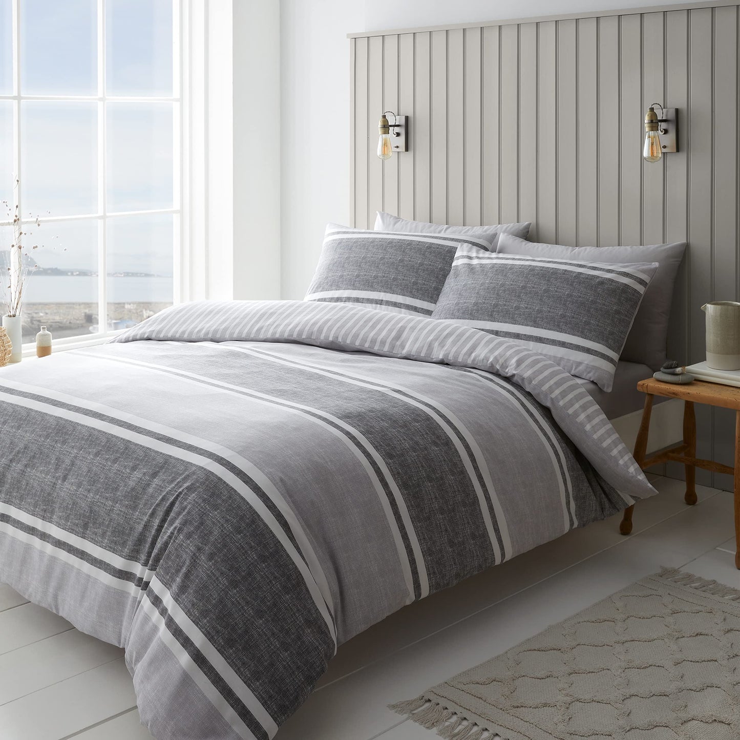 Textured Banded Charcoal Grey Duvet Set