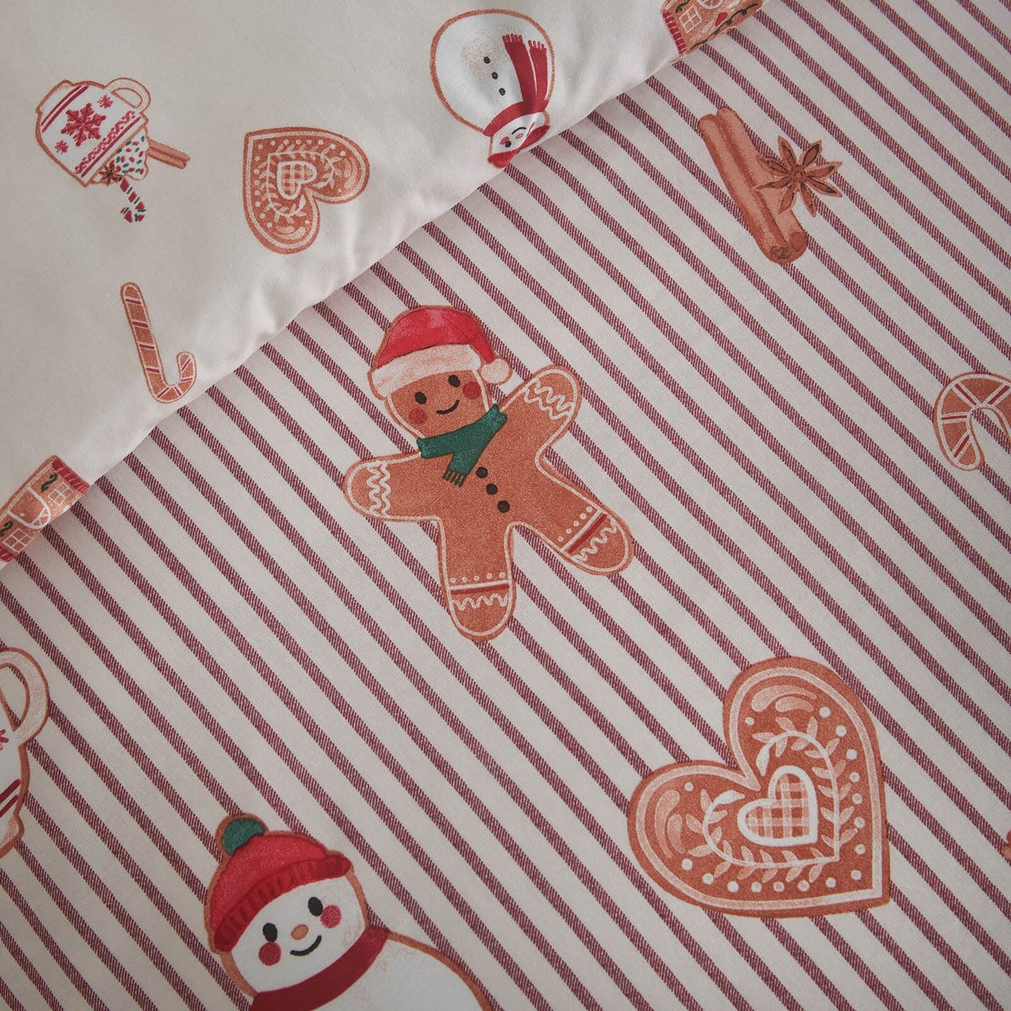 Catherine Lansfield Christmas Gingerbread Striped Reversible Bedding Duvet Cover Set Natural