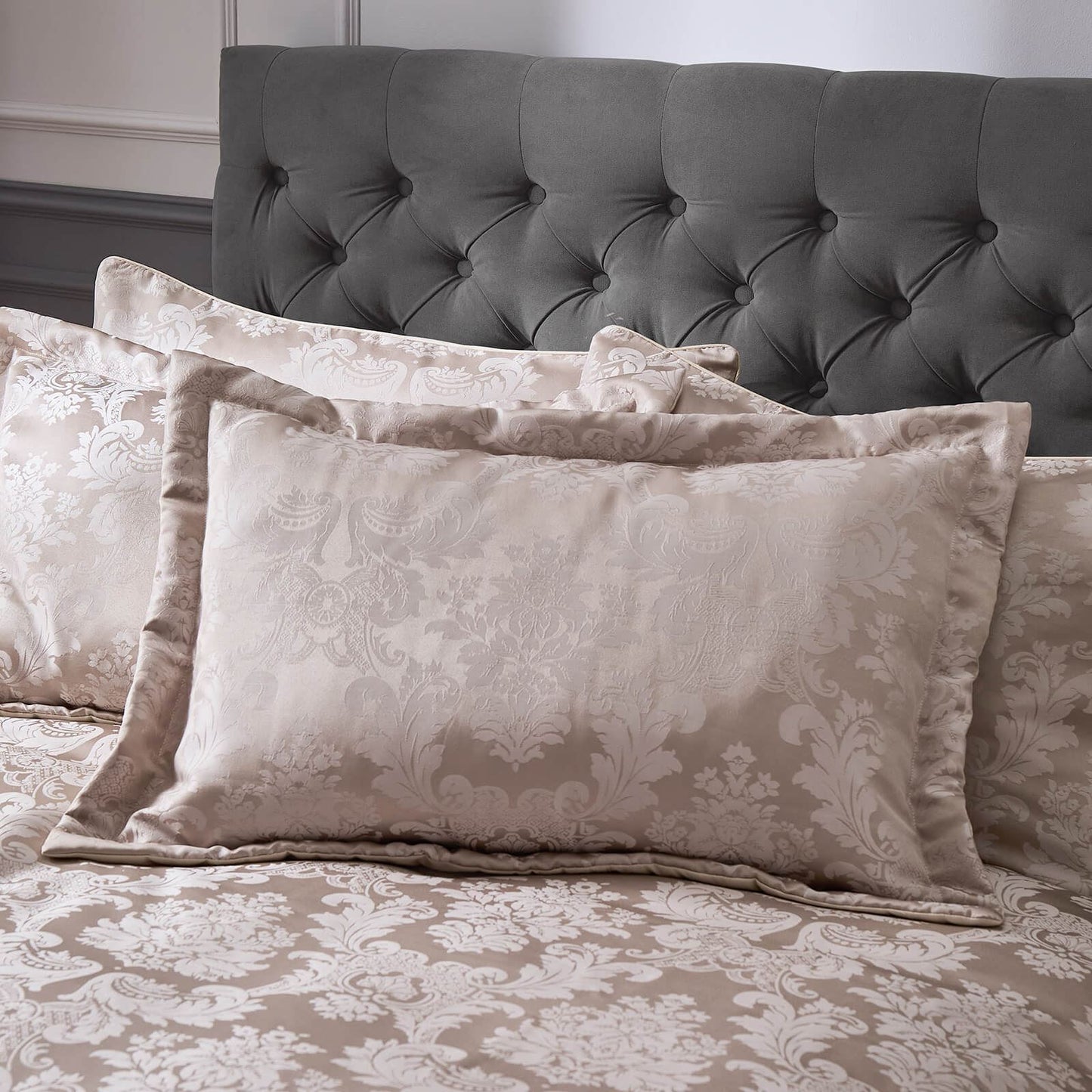Damask Jacquard Quilted Pillow sham Pair Champagne Gold