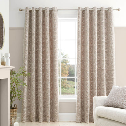 Bianca Fine Linens Chenille Leaves Lined Eyelet Curtains Two Panels Natural