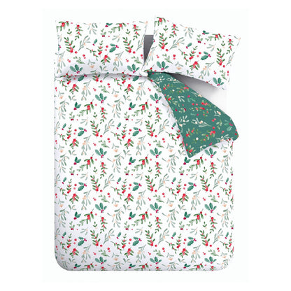 Brushed Christmas Holly And Mistletoe White / Green Duvet Cover Set