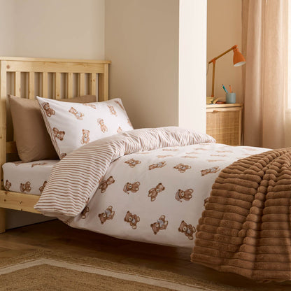 Catherine Lansfield Teddy Bear Printed Reversible Cotton Bedding Duvet Cover Set Cream