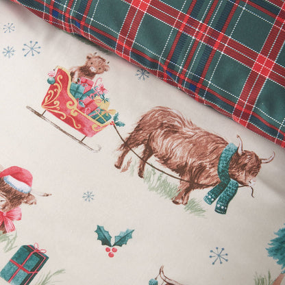 Catherine Lansfield Christmas Highland Cow Reversible Cotton Bedding Duvet Cover Set Natural