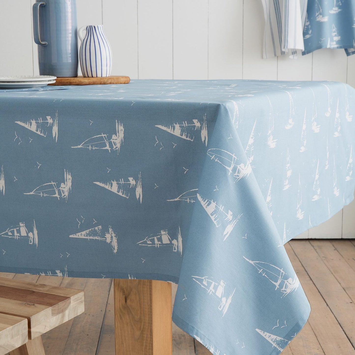 Catherine Lansfield Salcombe Boats Blue Table Cloth