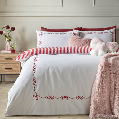 Catherine Lansfield Bow Embroidered Cotton Bedding Duvet Cover Set White / Red