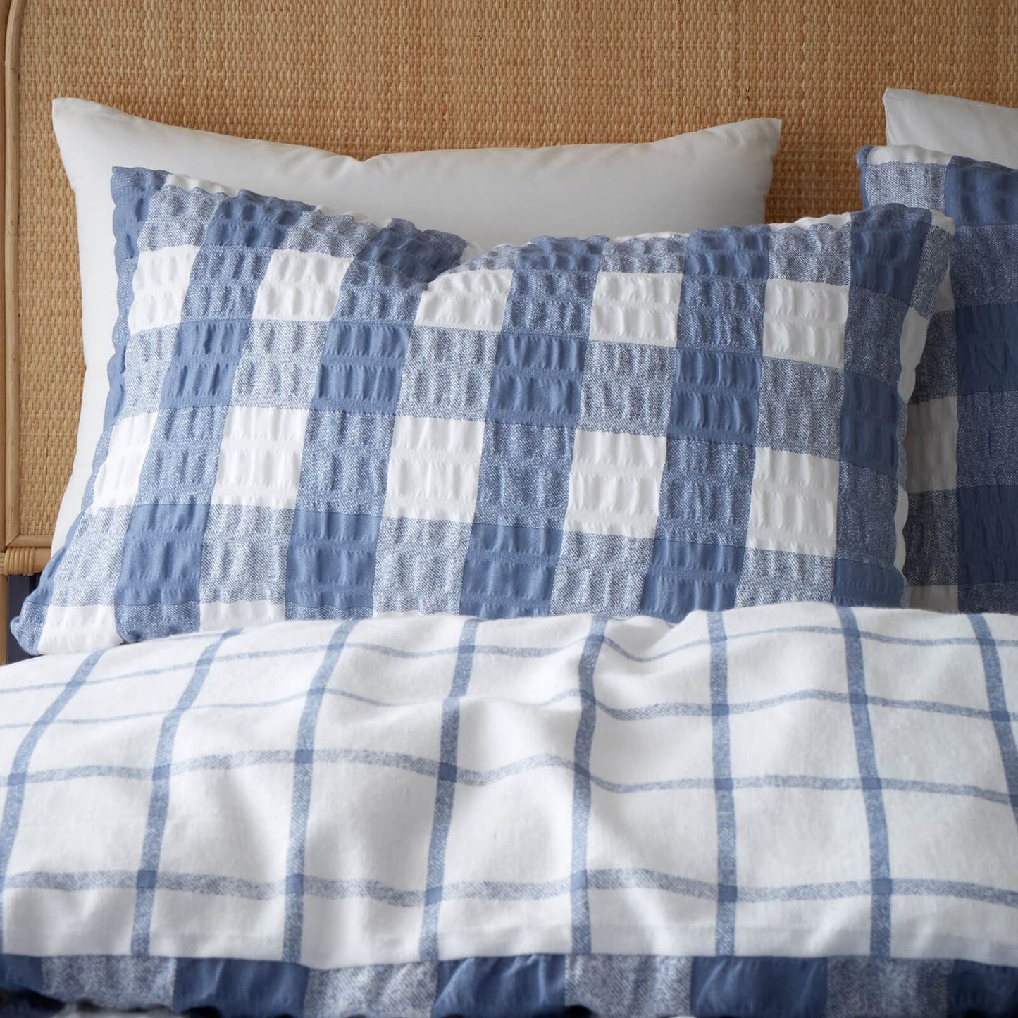 Brushed Seersucker Gingham Blue Duvet Cover Set