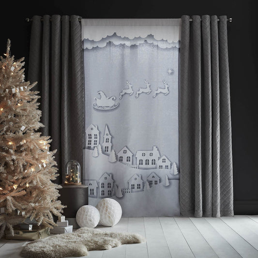 Santa's Christmas Roof Tops Grey Voile Panel