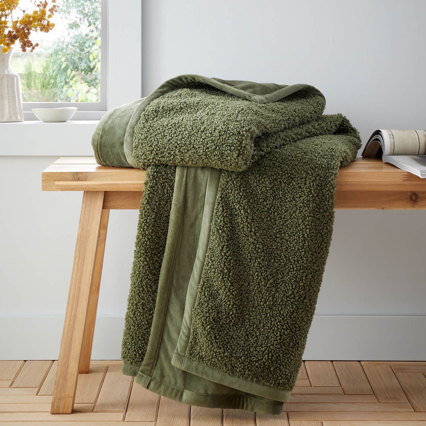 So Soft Velvet Boucle Blanket Throw Olive Green