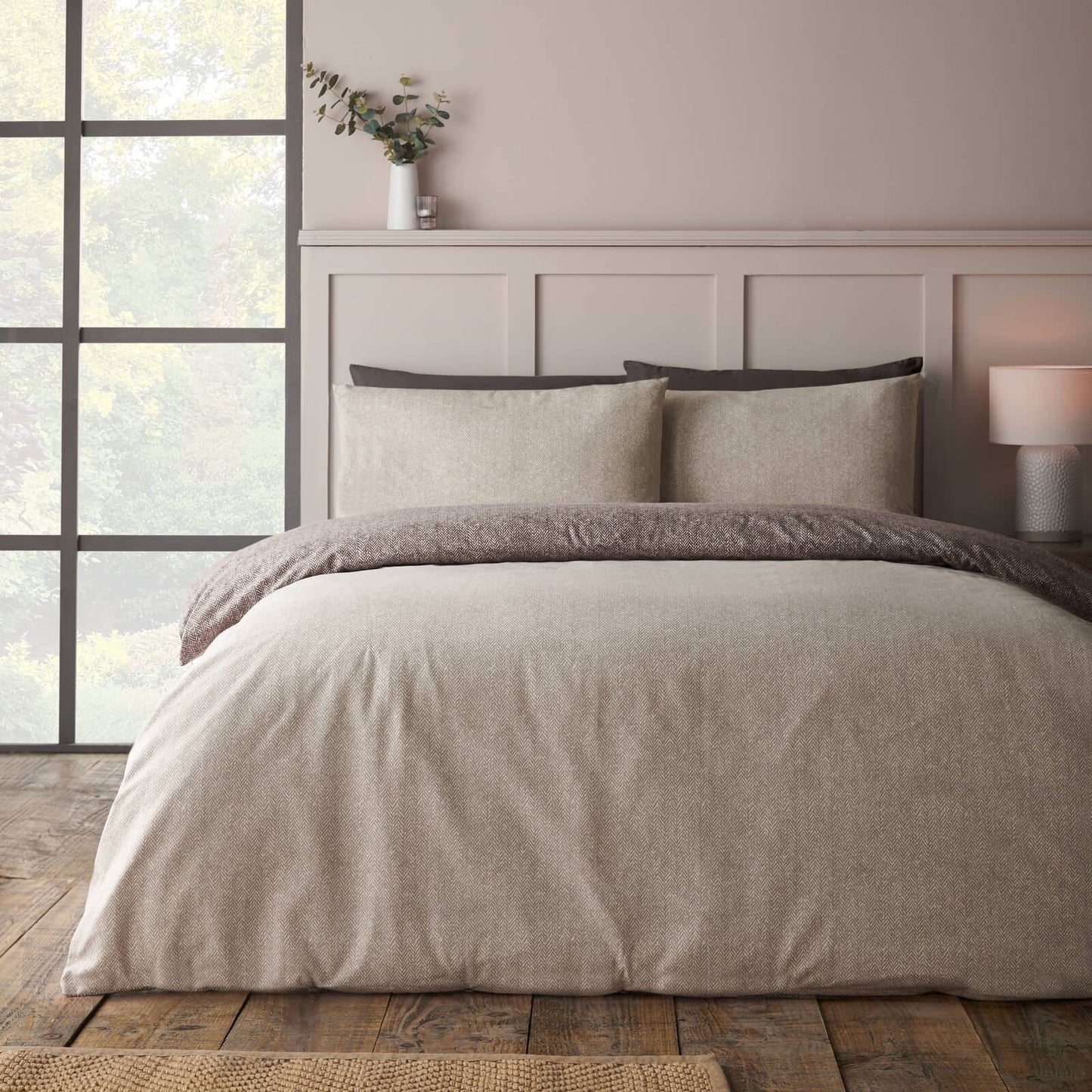 Catherine Lansfield Brushed Herringbone Printed Cotton Bedding Duvet Cover Set Chocolate