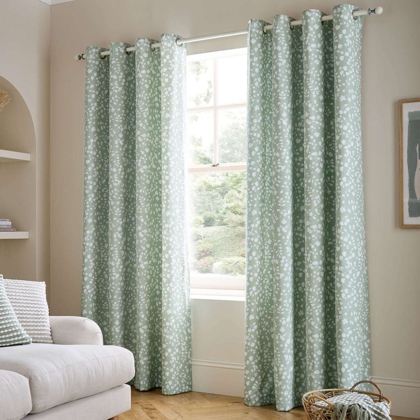 Catherine Lansfield Arla Floral Lined Eyelet Curtains Two Panels Green