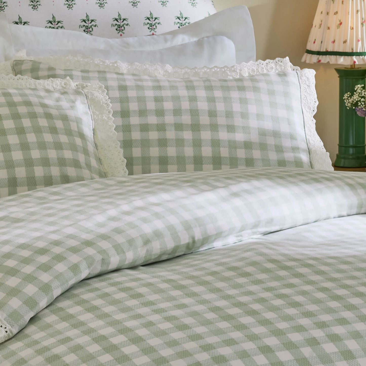 Cath Kidston Painted Gingham Lace Reversible Cotton Bedding Duvet Cover Set Green