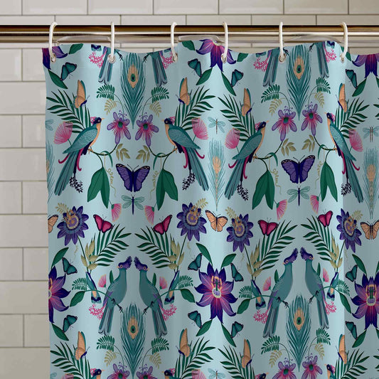 Mya Tropical Bird Duck Egg Blue Shower Curtain