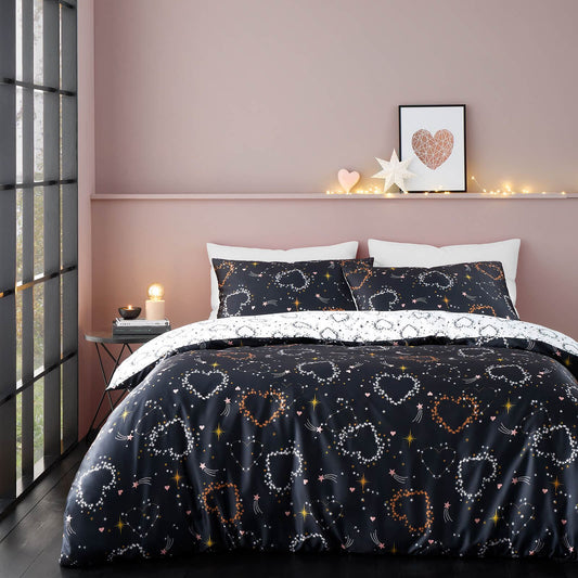 Cosmic Hearts And Stars Black Duvet Cover Set